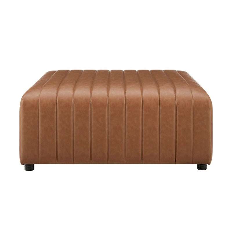 Pouf/tavolino quadrato in similpelle, poggiapiedi rivestito a capitonné con gambe in legno per soggiorno