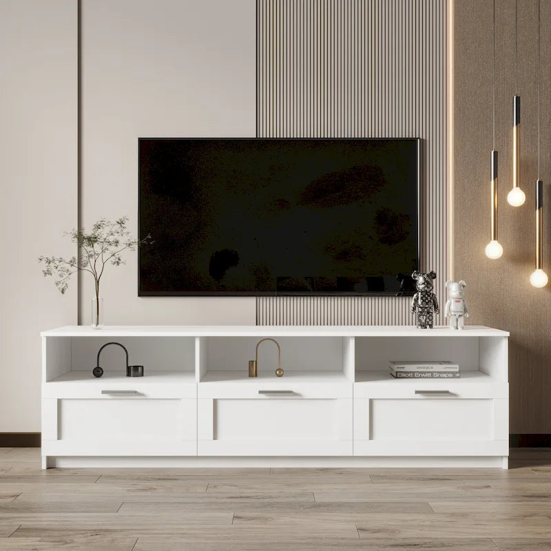 Mobile TV Moderno Minimalista Bianco con Tre Cassetti e Vano a Giorno