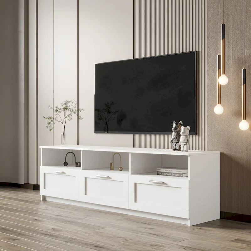 Mobile TV Moderno Minimalista Bianco con Tre Cassetti e Vano a Giorno