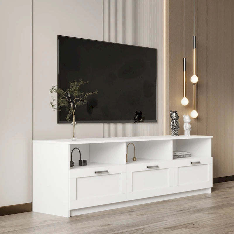 Mobile TV Moderno Minimalista Bianco con Tre Cassetti e Vano a Giorno