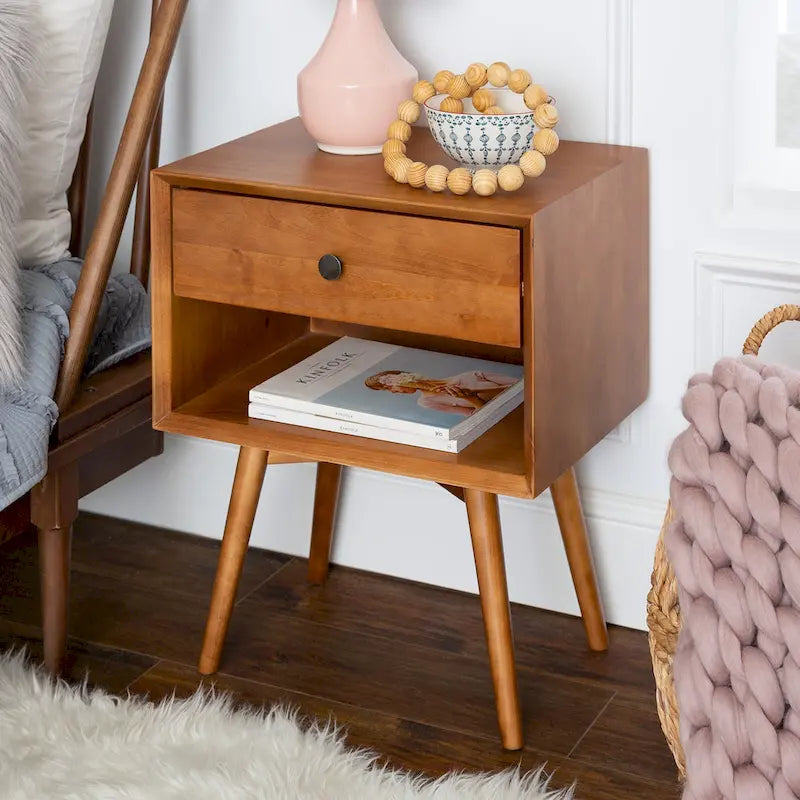 Comodino in legno massello con 1 cassetto in stile Mid-Century – 6 colori, tavolino da camera da letto