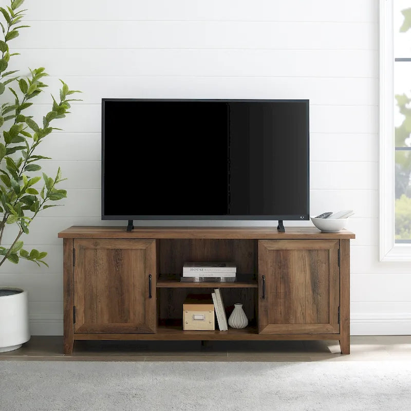 Mobile TV da 58 pollici con ante a battente scanalate – MDF e laminato, 2 ripiani aperti