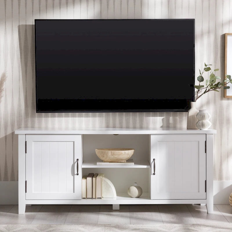 Mobile TV da 58 pollici con ante a battente scanalate – MDF e laminato, 2 ripiani aperti