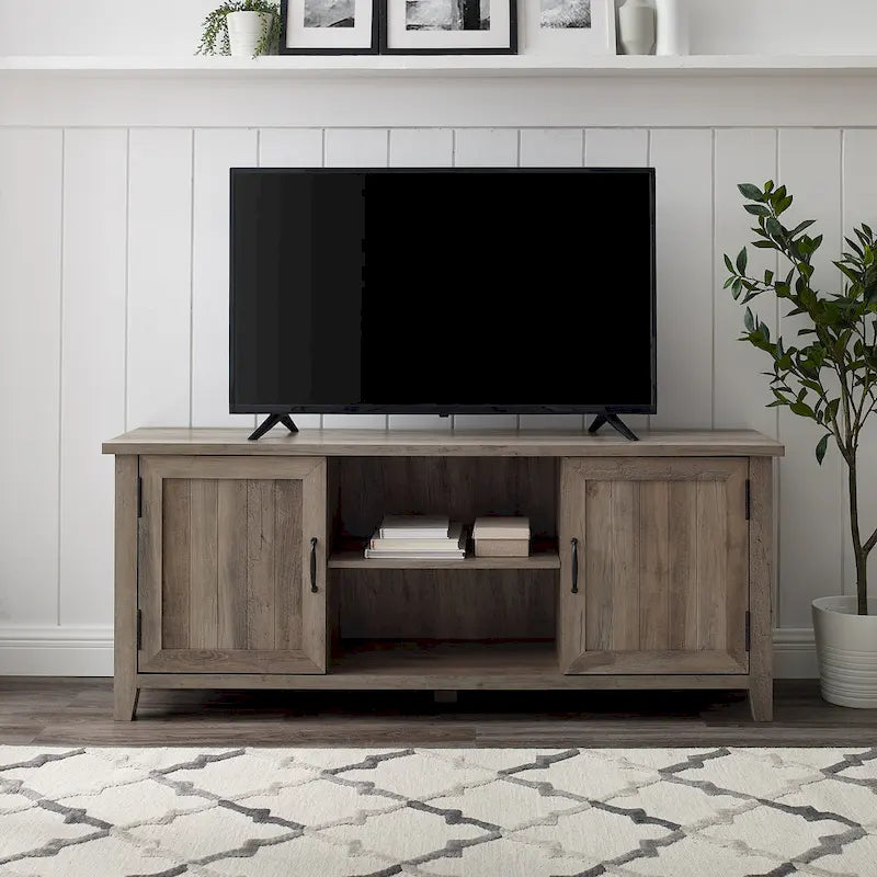 Mobile TV da 58 pollici con ante a battente scanalate – MDF e laminato, 2 ripiani aperti