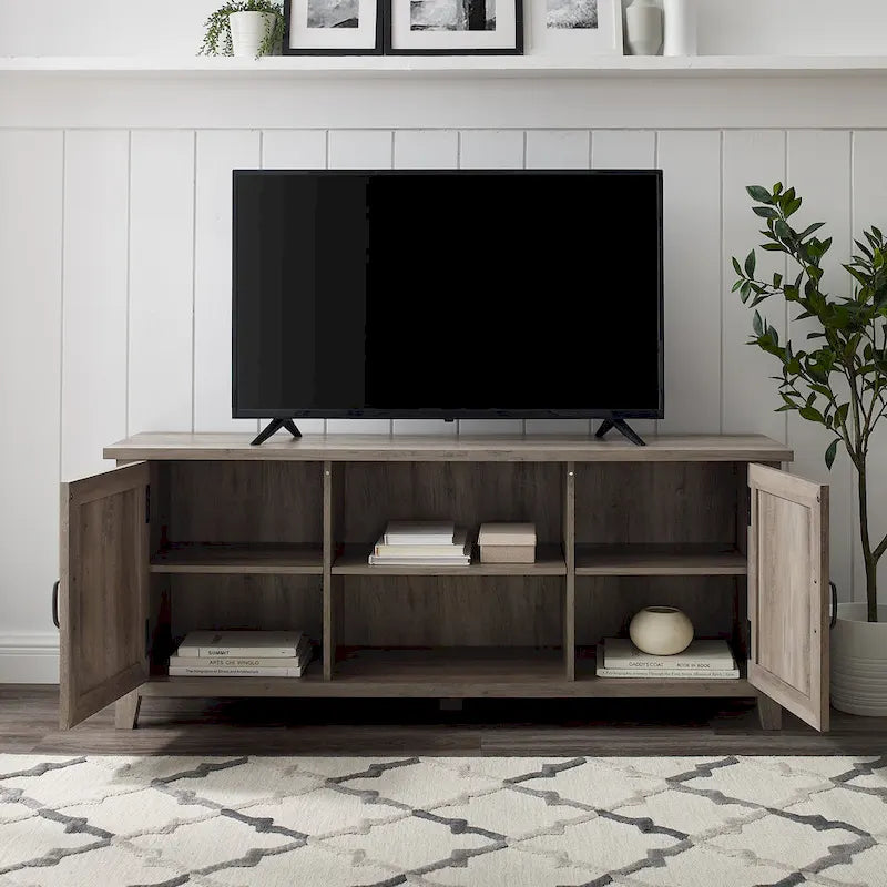 Mobile TV da 58 pollici con ante a battente scanalate – MDF e laminato, 2 ripiani aperti