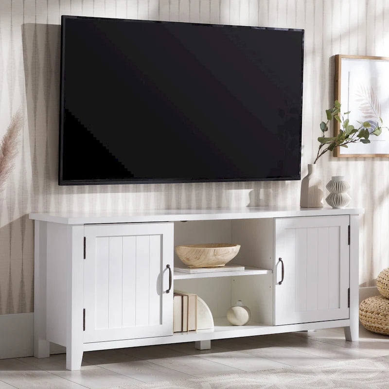 Mobile TV da 58 pollici con ante a battente scanalate – MDF e laminato, 2 ripiani aperti