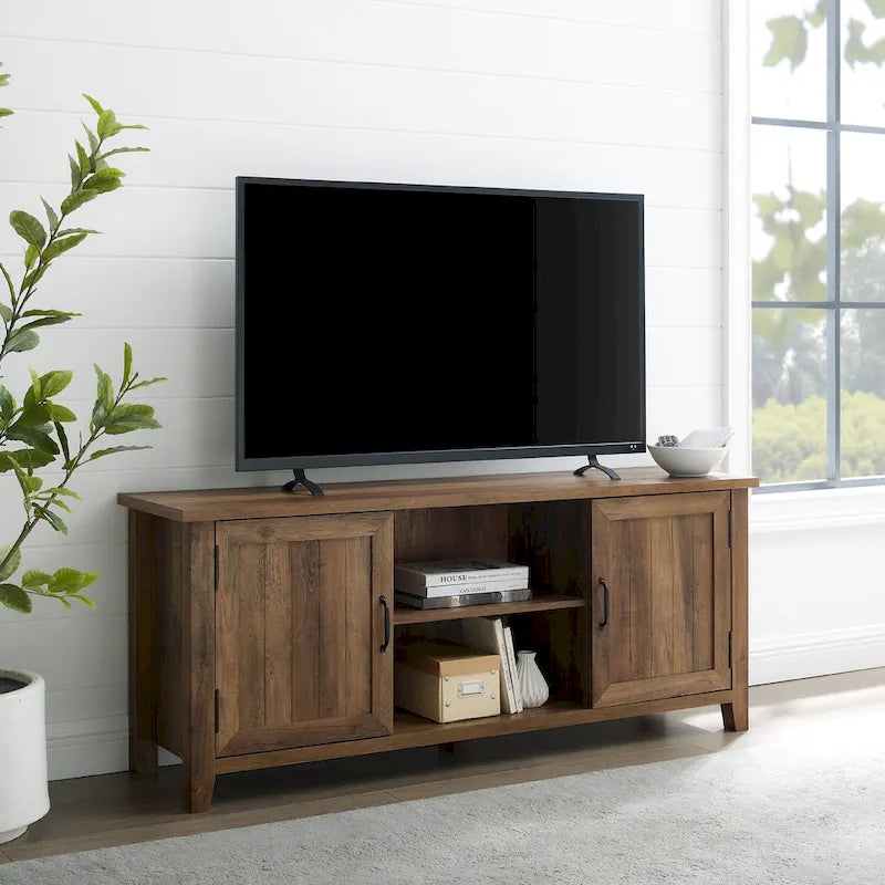 Mobile TV da 58 pollici con ante a battente scanalate – MDF e laminato, 2 ripiani aperti