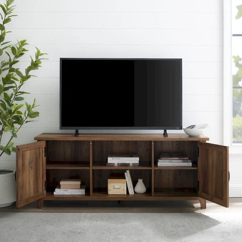 Mobile TV da 58 pollici con ante a battente scanalate – MDF e laminato, 2 ripiani aperti