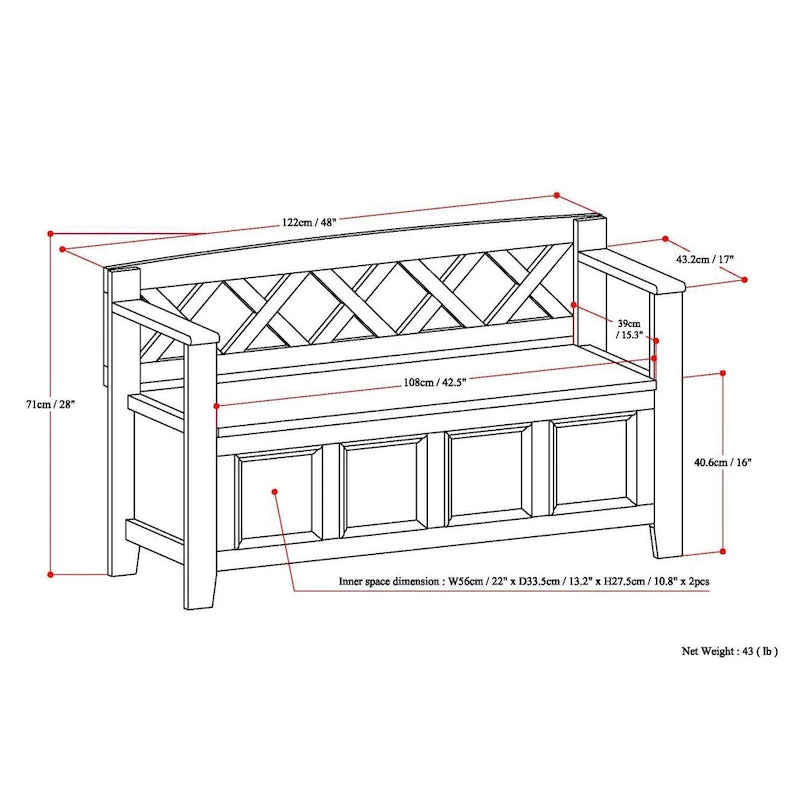 Panca Contenitore da Ingresso Transizionale in Legno Massello Larga 122 cm con Coperchio Sollevabile