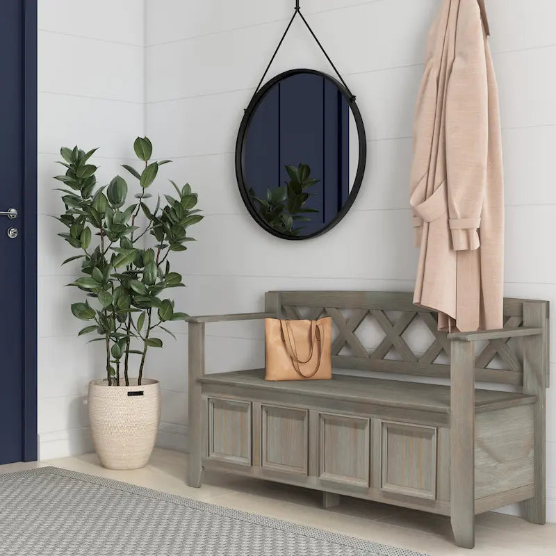 Panca Contenitore da Ingresso Transizionale in Legno Massello Larga 122 cm con Coperchio Sollevabile