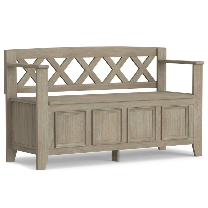 Panca Contenitore da Ingresso Transizionale in Legno Massello Larga 122 cm con Coperchio Sollevabile