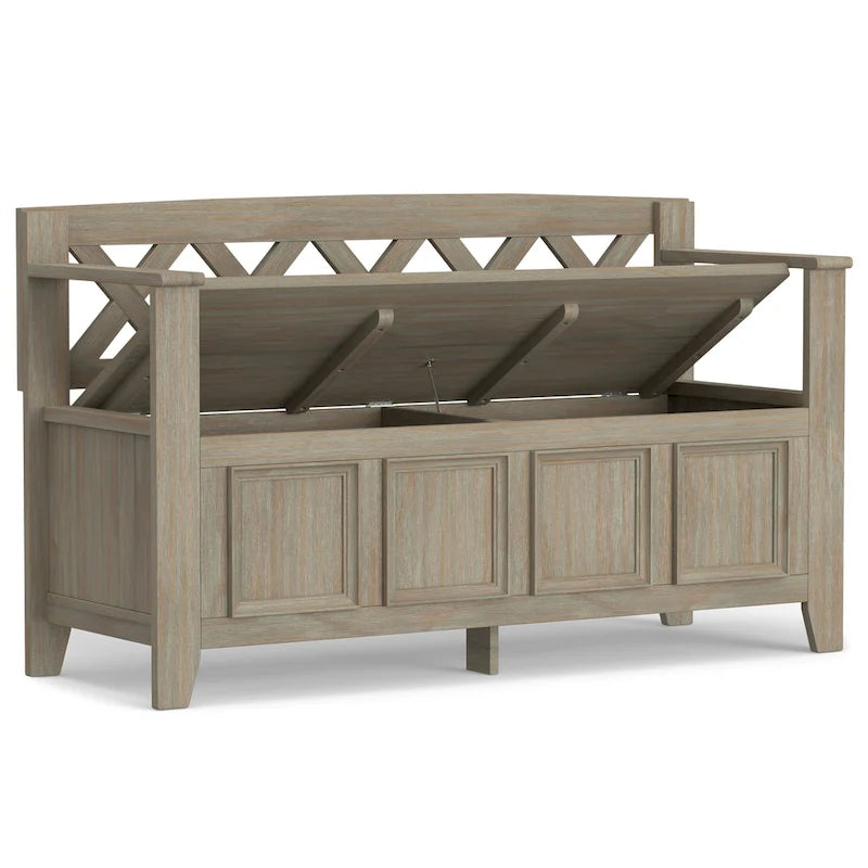 Panca Contenitore da Ingresso Transizionale in Legno Massello Larga 122 cm con Coperchio Sollevabile