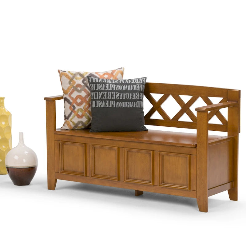 Panca Contenitore da Ingresso Transizionale in Legno Massello Larga 122 cm con Coperchio Sollevabile
