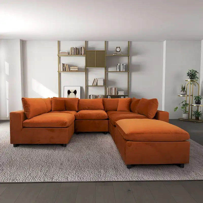 Divano componibile modulare Mid-Century Modern – Velluto Performance, Struttura in legno massello