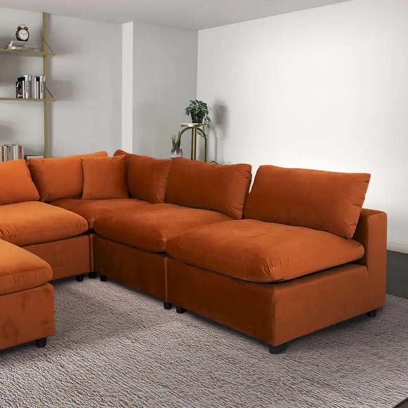 Divano componibile modulare Mid-Century Modern – Velluto Performance, Struttura in legno massello