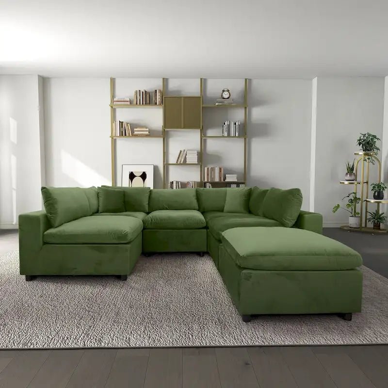 Divano componibile modulare Mid-Century Modern – Velluto Performance, Struttura in legno massello