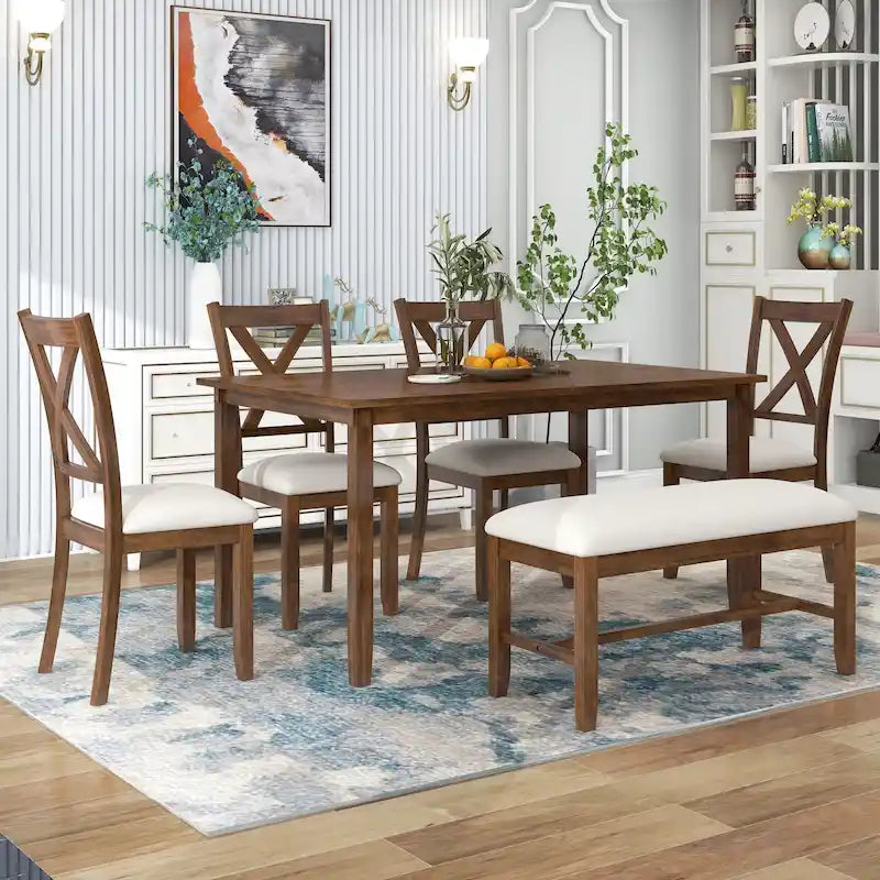 Set Tavolo da Pranzo 6 Pezzi – Ciliegio Naturale, Grigio o Espresso, Tavolo da Cucina in Legno