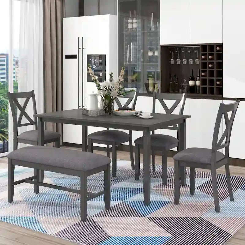 Set Tavolo da Pranzo 6 Pezzi – Ciliegio Naturale, Grigio o Espresso, Tavolo da Cucina in Legno