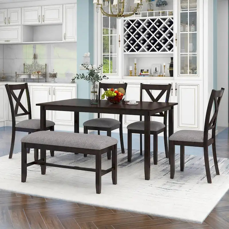 Set Tavolo da Pranzo 6 Pezzi – Ciliegio Naturale, Grigio o Espresso, Tavolo da Cucina in Legno