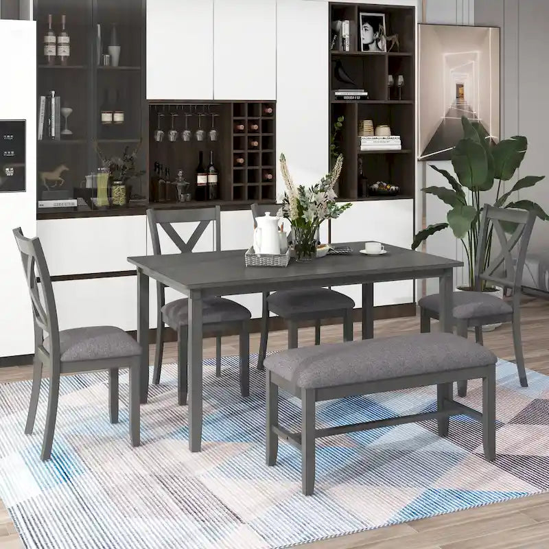 Set Tavolo da Pranzo 6 Pezzi – Ciliegio Naturale, Grigio o Espresso, Tavolo da Cucina in Legno