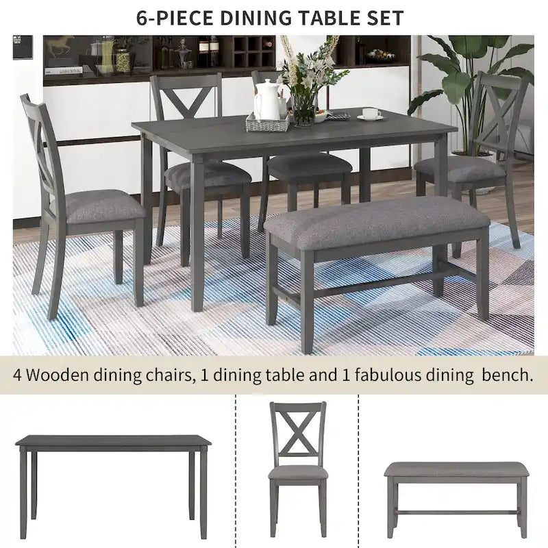 Set Tavolo da Pranzo 6 Pezzi – Ciliegio Naturale, Grigio o Espresso, Tavolo da Cucina in Legno