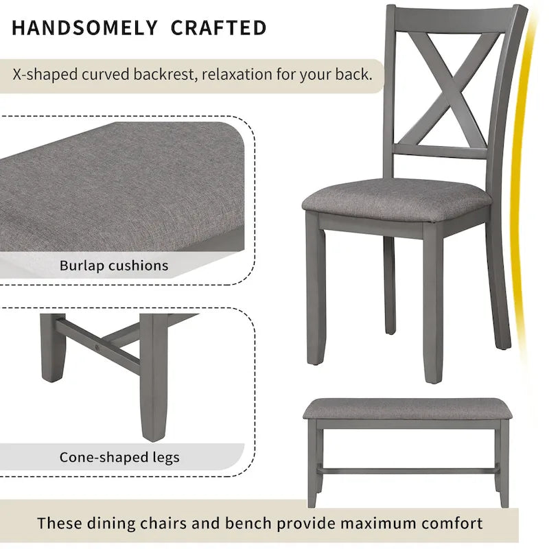 Set Tavolo da Pranzo 6 Pezzi – Ciliegio Naturale, Grigio o Espresso, Tavolo da Cucina in Legno