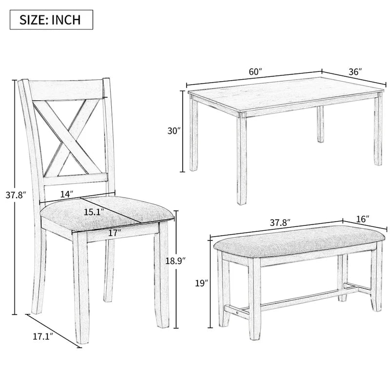 Set Tavolo da Pranzo 6 Pezzi – Ciliegio Naturale, Grigio o Espresso, Tavolo da Cucina in Legno