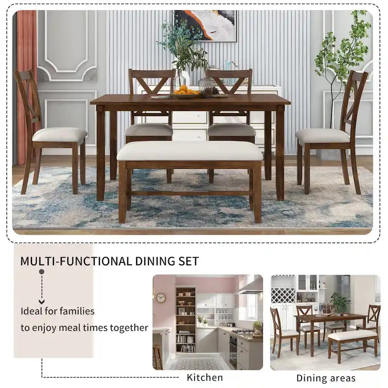 Set Tavolo da Pranzo 6 Pezzi – Ciliegio Naturale, Grigio o Espresso, Tavolo da Cucina in Legno