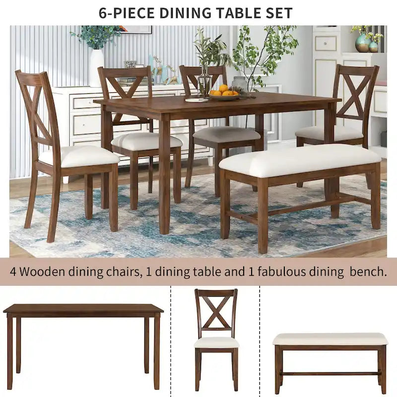 Set Tavolo da Pranzo 6 Pezzi – Ciliegio Naturale, Grigio o Espresso, Tavolo da Cucina in Legno