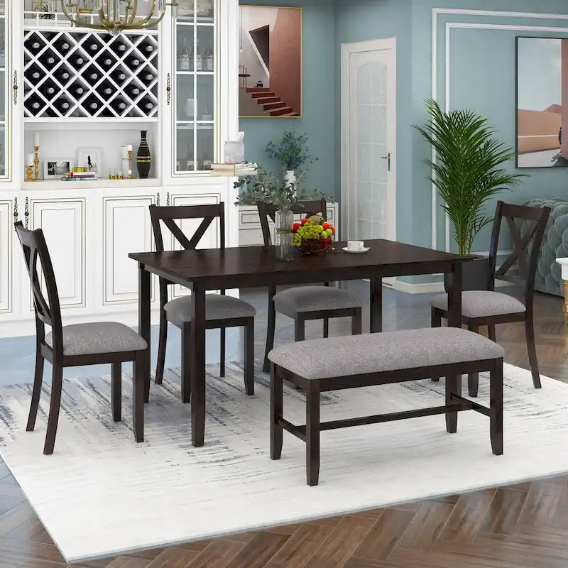 Set Tavolo da Pranzo 6 Pezzi – Ciliegio Naturale, Grigio o Espresso, Tavolo da Cucina in Legno