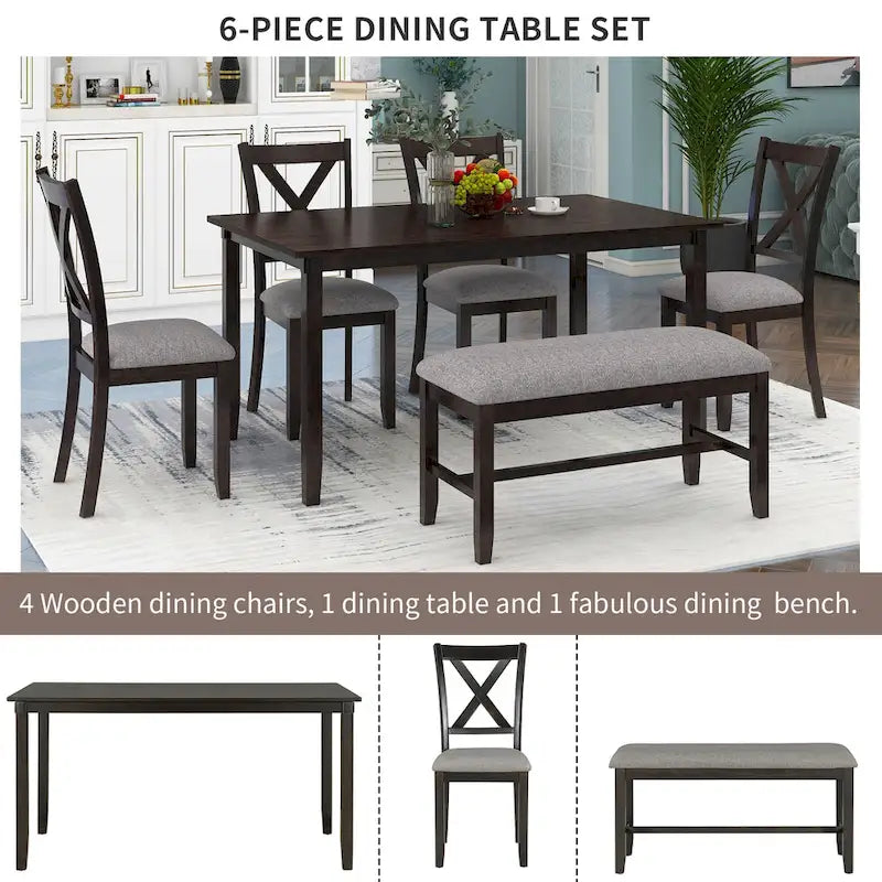 Set Tavolo da Pranzo 6 Pezzi – Ciliegio Naturale, Grigio o Espresso, Tavolo da Cucina in Legno