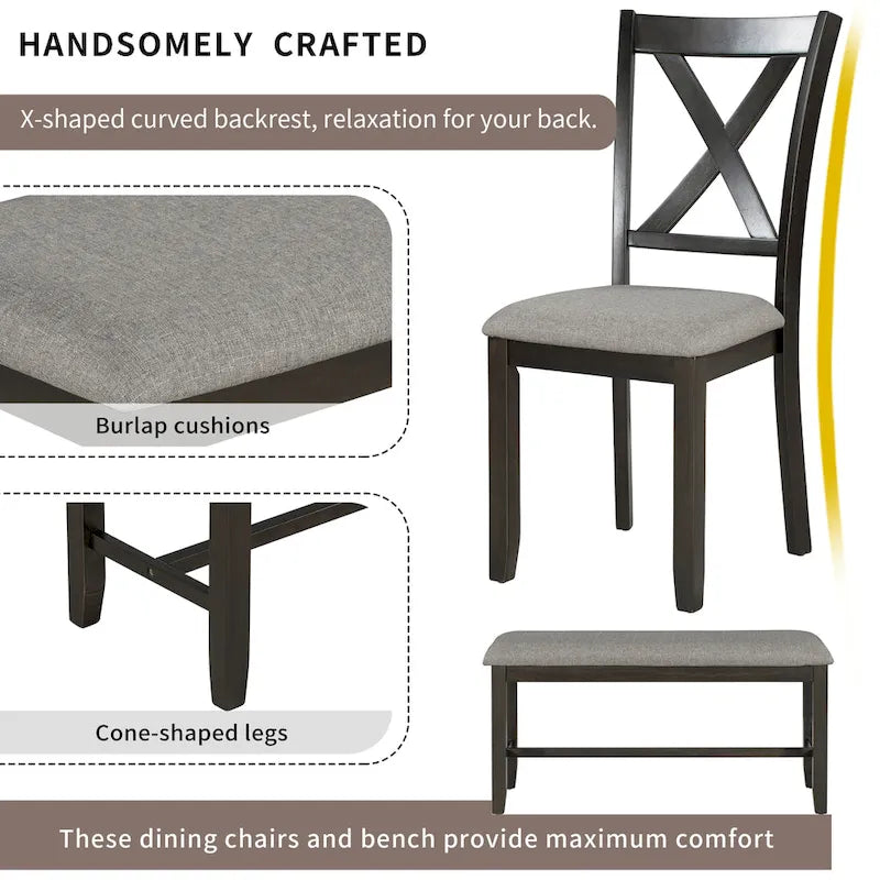 Set Tavolo da Pranzo 6 Pezzi – Ciliegio Naturale, Grigio o Espresso, Tavolo da Cucina in Legno