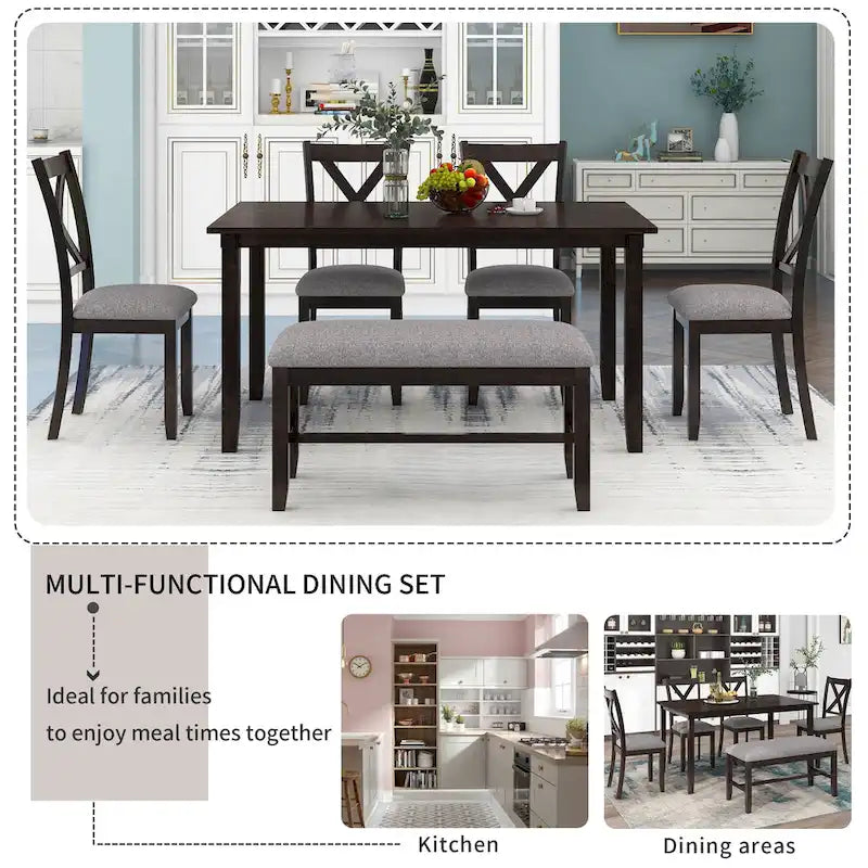 Set Tavolo da Pranzo 6 Pezzi – Ciliegio Naturale, Grigio o Espresso, Tavolo da Cucina in Legno