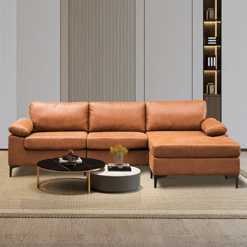 Divano Sezionale Chaise Reversibile Mid-Century in Pelle Scamosciata con Gambe in Metallo, Divano a L da Soggiorno