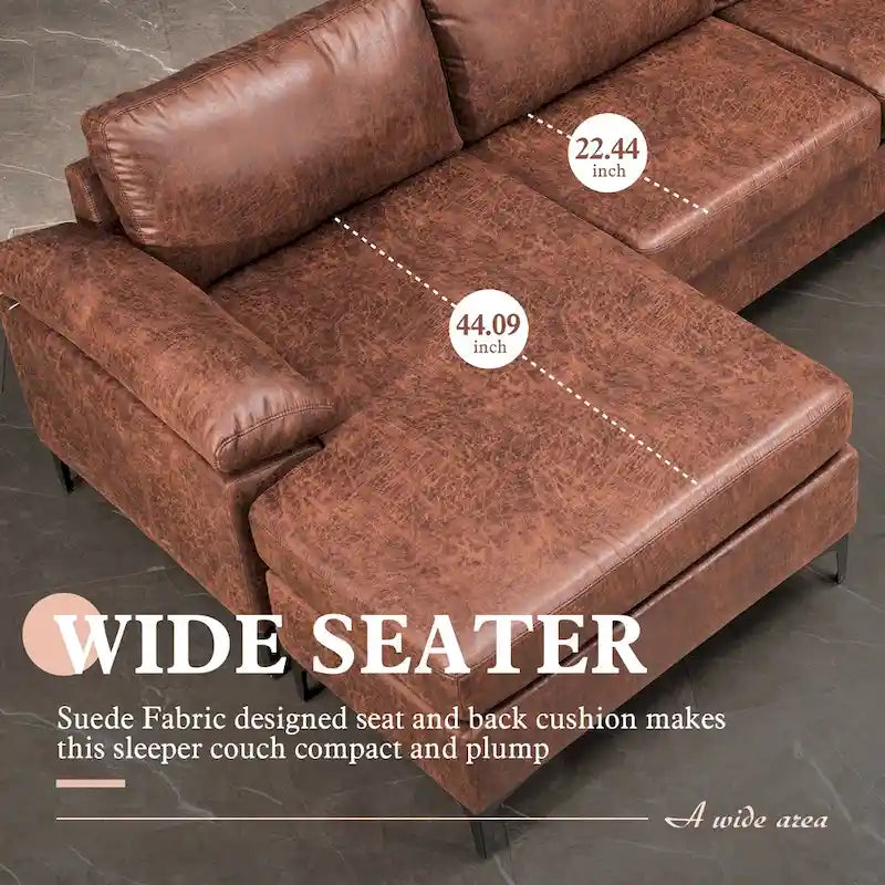 Divano Sezionale Chaise Reversibile Mid-Century in Pelle Scamosciata con Gambe in Metallo, Divano a L da Soggiorno