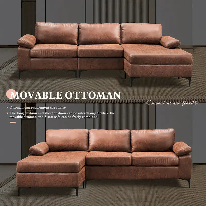 Divano Sezionale Chaise Reversibile Mid-Century in Pelle Scamosciata con Gambe in Metallo, Divano a L da Soggiorno