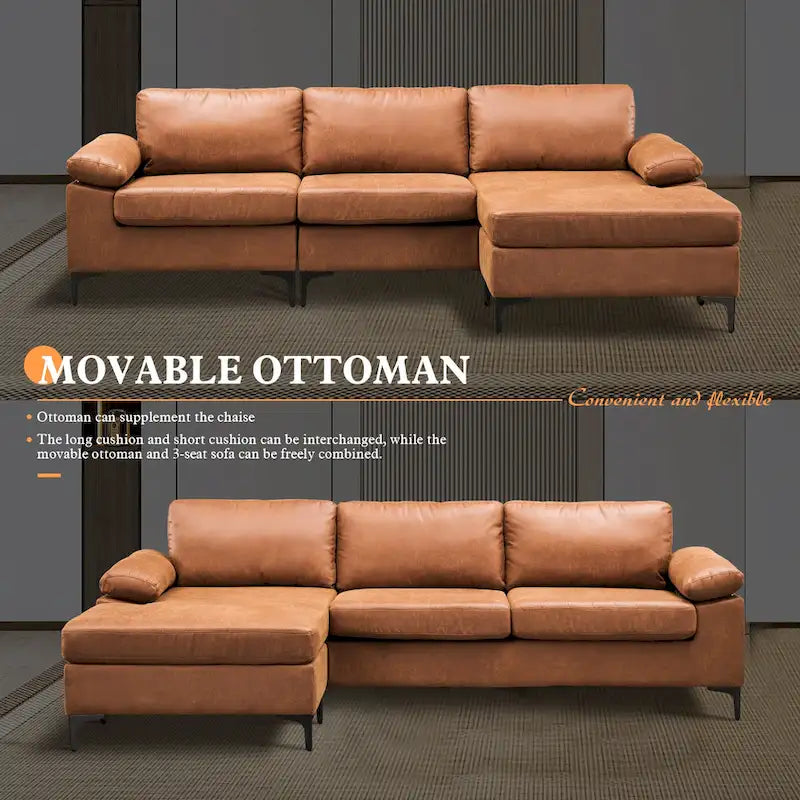 Divano Sezionale Chaise Reversibile Mid-Century in Pelle Scamosciata con Gambe in Metallo, Divano a L da Soggiorno