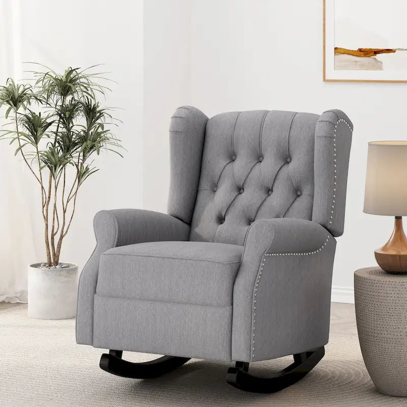Sedia a dondolo Chesterfield con schienale ad ali imbottito in tessuto