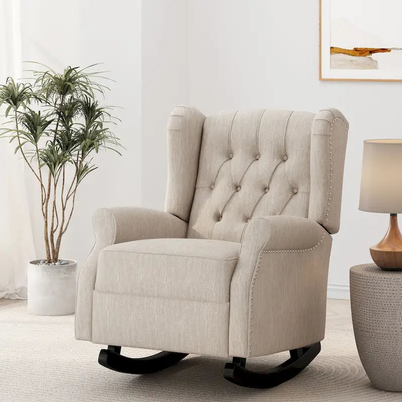 Sedia a dondolo Chesterfield con schienale ad ali imbottito in tessuto