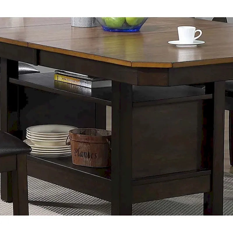 Set da pranzo di 7 pezzi in legno massello con piano impiallacciato e contenitore