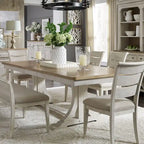 Set da pranzo 6 pezzi con tavolo a cavalletto – Bianco antico, pino e pioppo, prolunga rimovibile, panca
