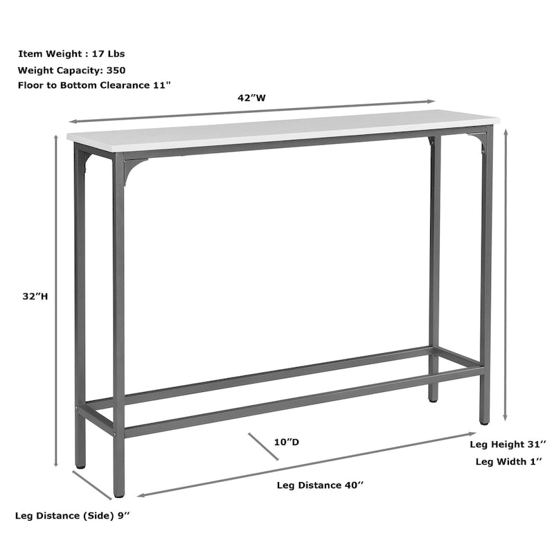Consolle Sottile – Ferro Bianco e Oro Verniciato a Polvere, 42L x 32A, Capacità 250 lbs