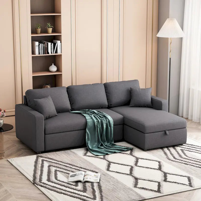 Divano Letto Convertibile con Contenitore in Tessuto Imbottito Grigio