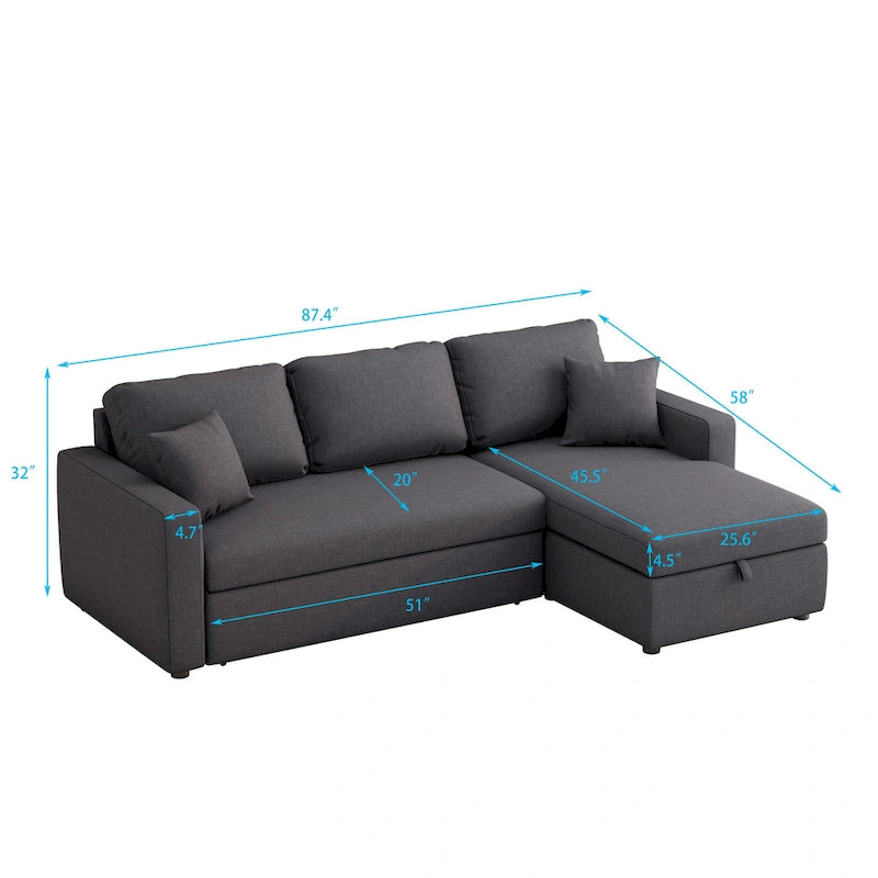 Divano Letto Convertibile con Contenitore in Tessuto Imbottito Grigio