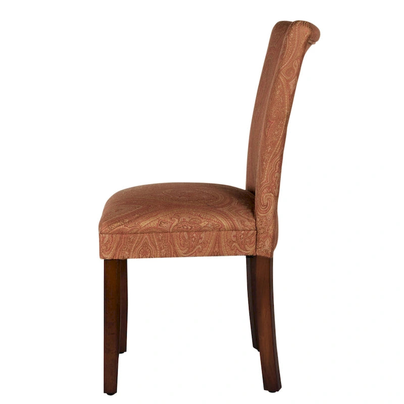Sedia da pranzo Parsons imbottita in damasco rosso e oro con gambe in legno