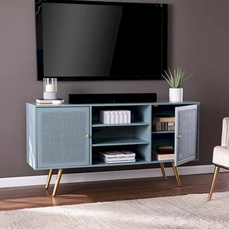 Mobile TV in Rattan Menta e Oro con Vani Contenitore per TV fino a 56 Pollici