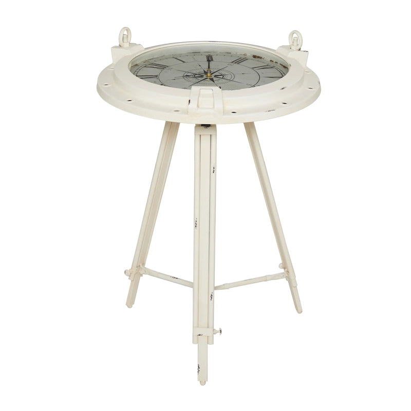 Tavolino d'appoggio Metal Compass con orologio e piano in vetro trasparente - Bianco o Nero - Roche River Decor