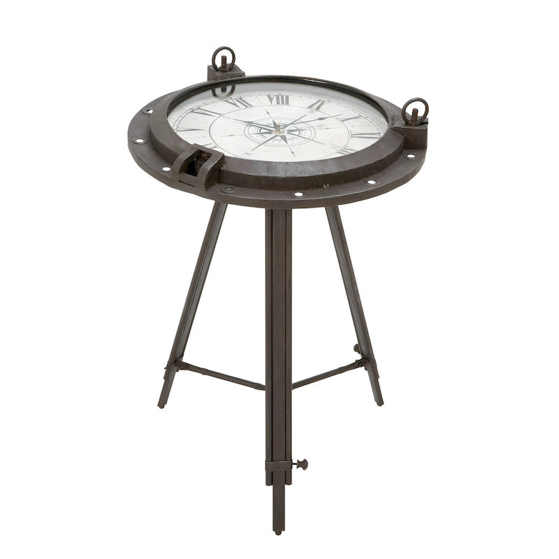 Tavolino d'appoggio Metal Compass con orologio e piano in vetro trasparente - Bianco o Nero - Roche River Decor