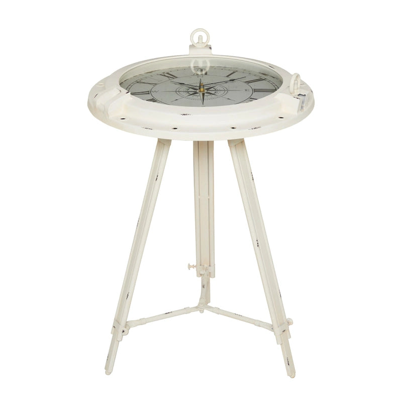 Tavolino d'appoggio Metal Compass con orologio e piano in vetro trasparente - Bianco o Nero - Roche River Decor