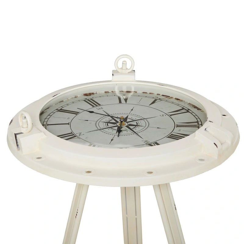 Tavolino d'appoggio Metal Compass con orologio e piano in vetro trasparente - Bianco o Nero - Roche River Decor